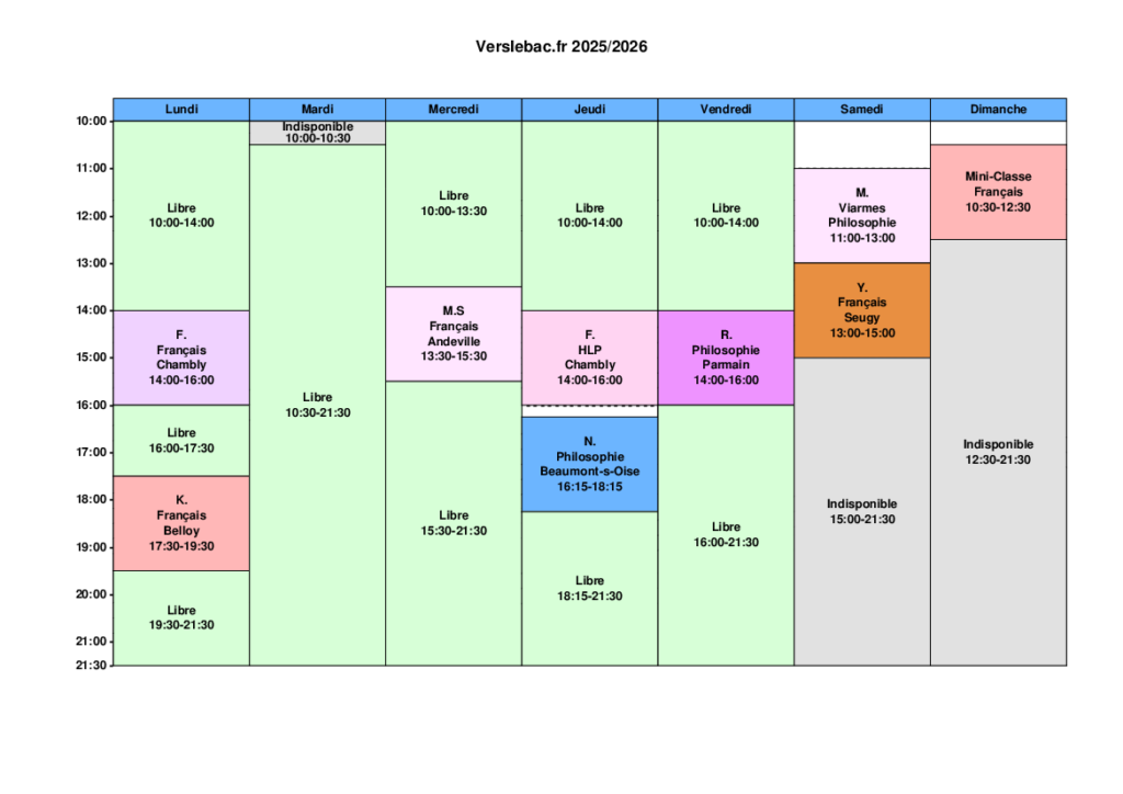 Emploi du temps - cours particuliers - oise et val d'oise